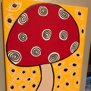 Acrylic painting of a mushroom. Eyes as the background.
